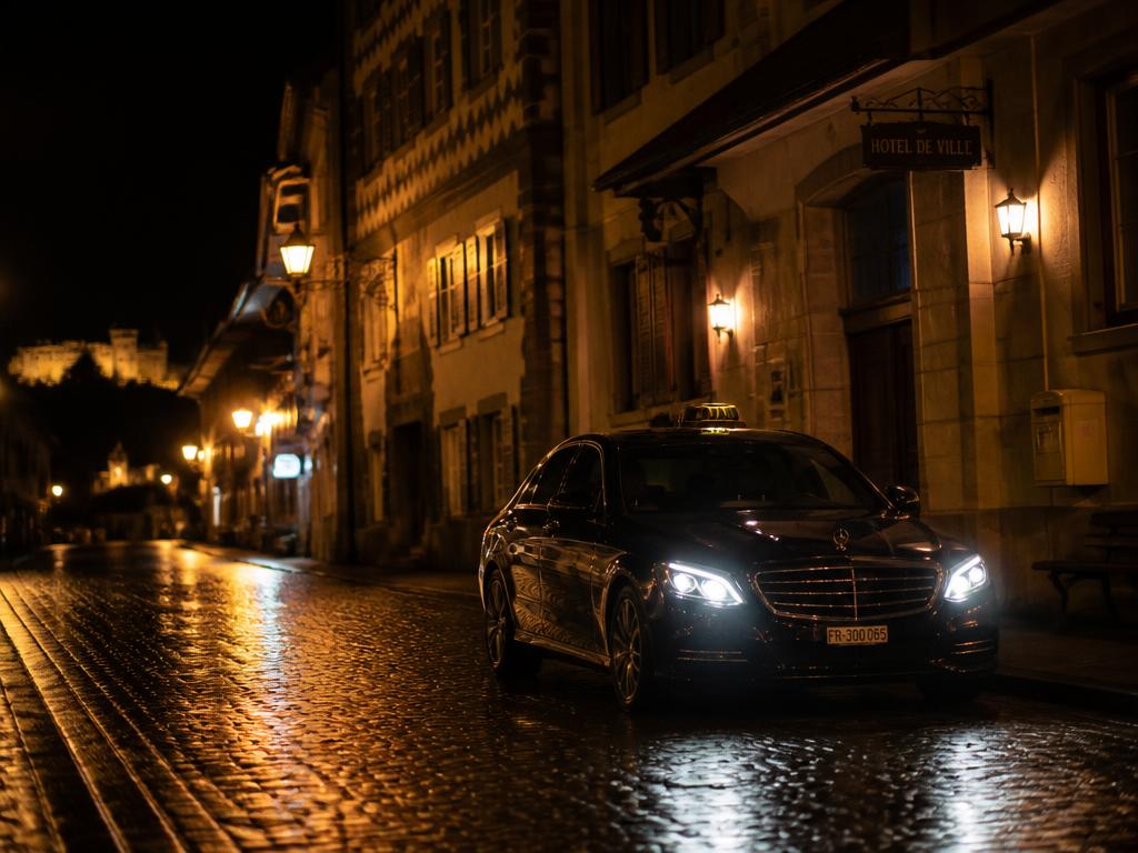 Taxi noir stationné dans la vieille ville de Bulle éclairée la nuit