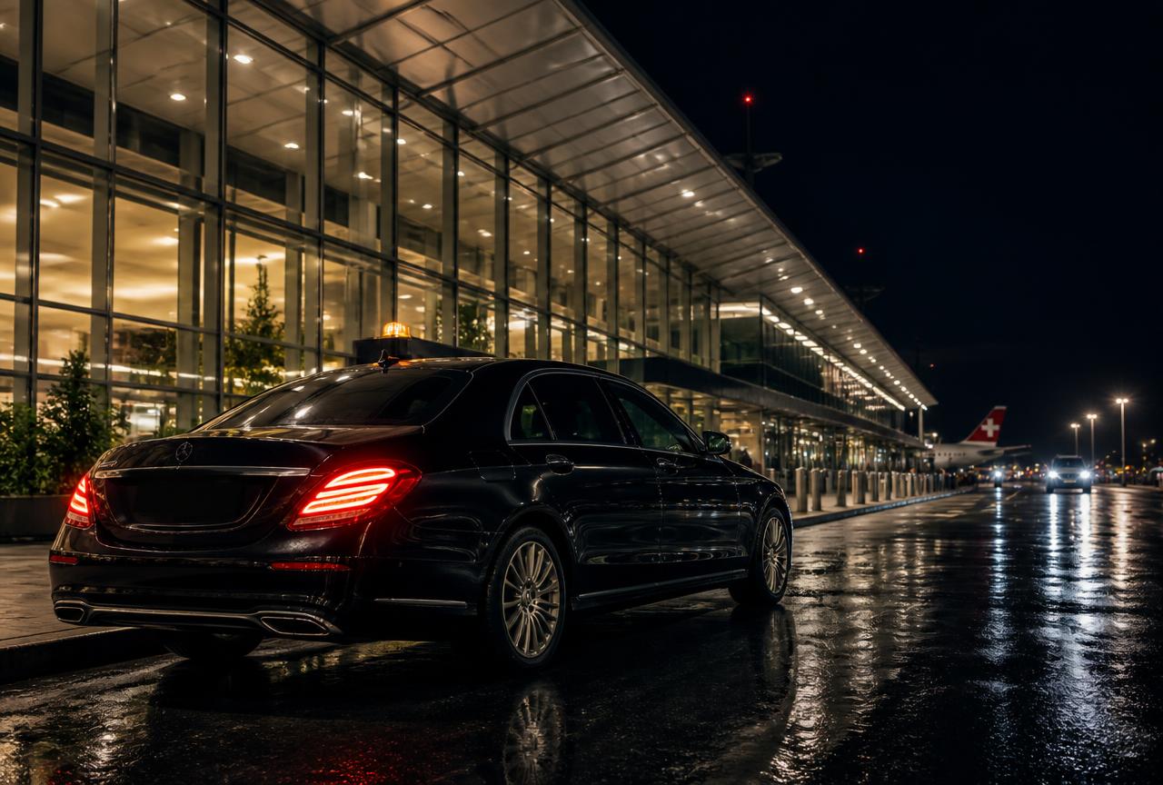 Berline noire de taxi devant le terminal de l'aéroport de Genève éclairé la nuit